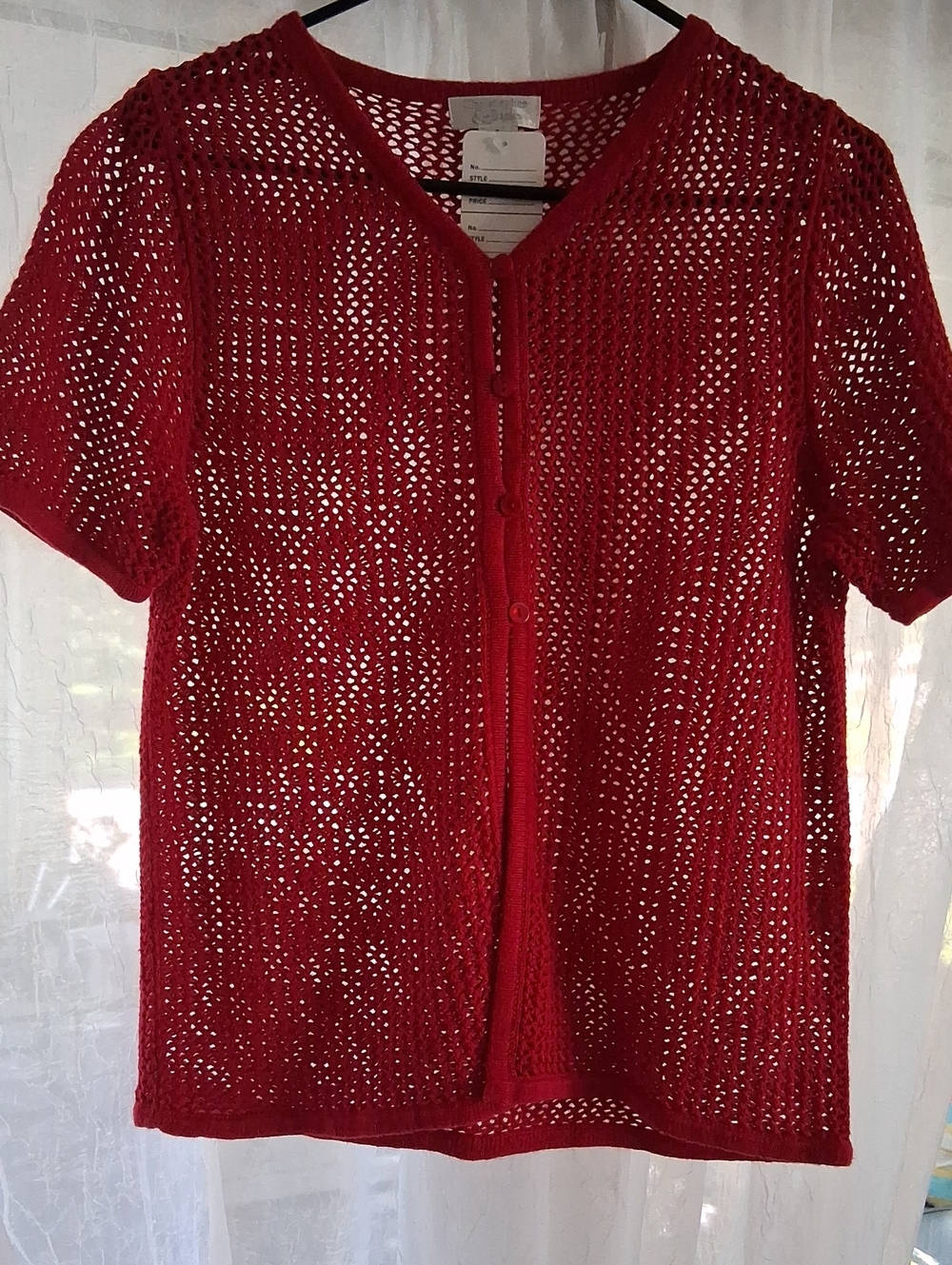 Christopher & Banks Red Open-Weave Button Front Top
